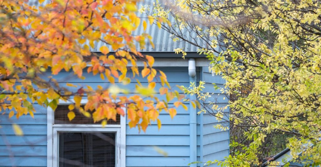 A blue house surrounded by vibrant autumn leaves in Macedon, VIC, Australia.